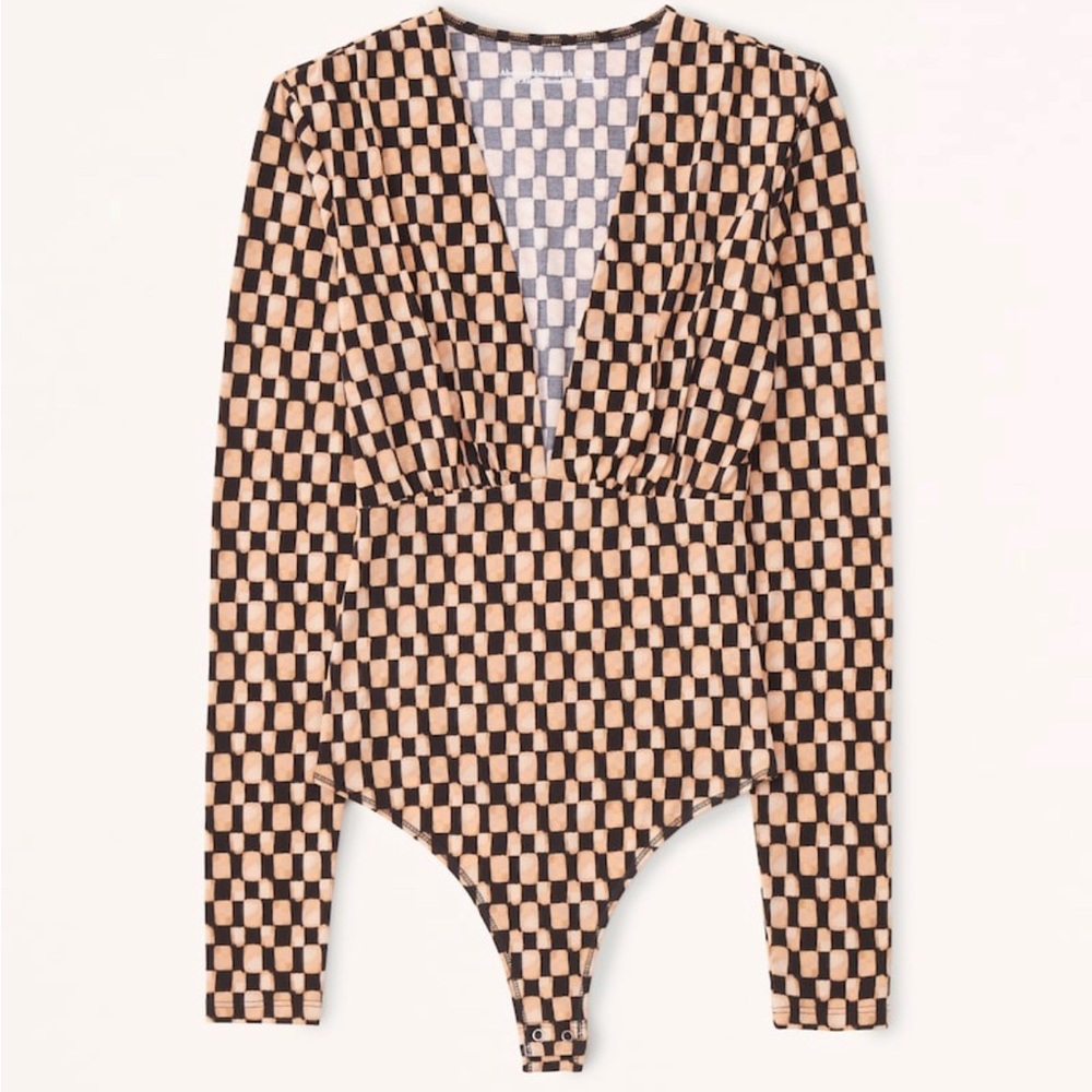 Abercrombie & Fitch Long Sleeve V-Neck Bodysuit in Brown Check